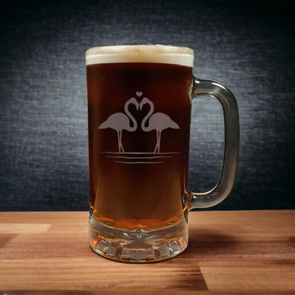 A pair of Flamingo silhouette design on a 16oz Beer Mug - Dark Beer - Copyright Hues in Glass