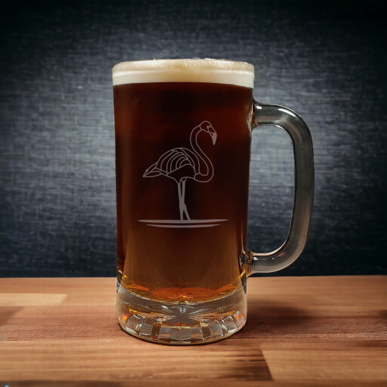 Flamingo silhouette design on a 16oz Beer Mug - Dark Beer - Copyright Hues