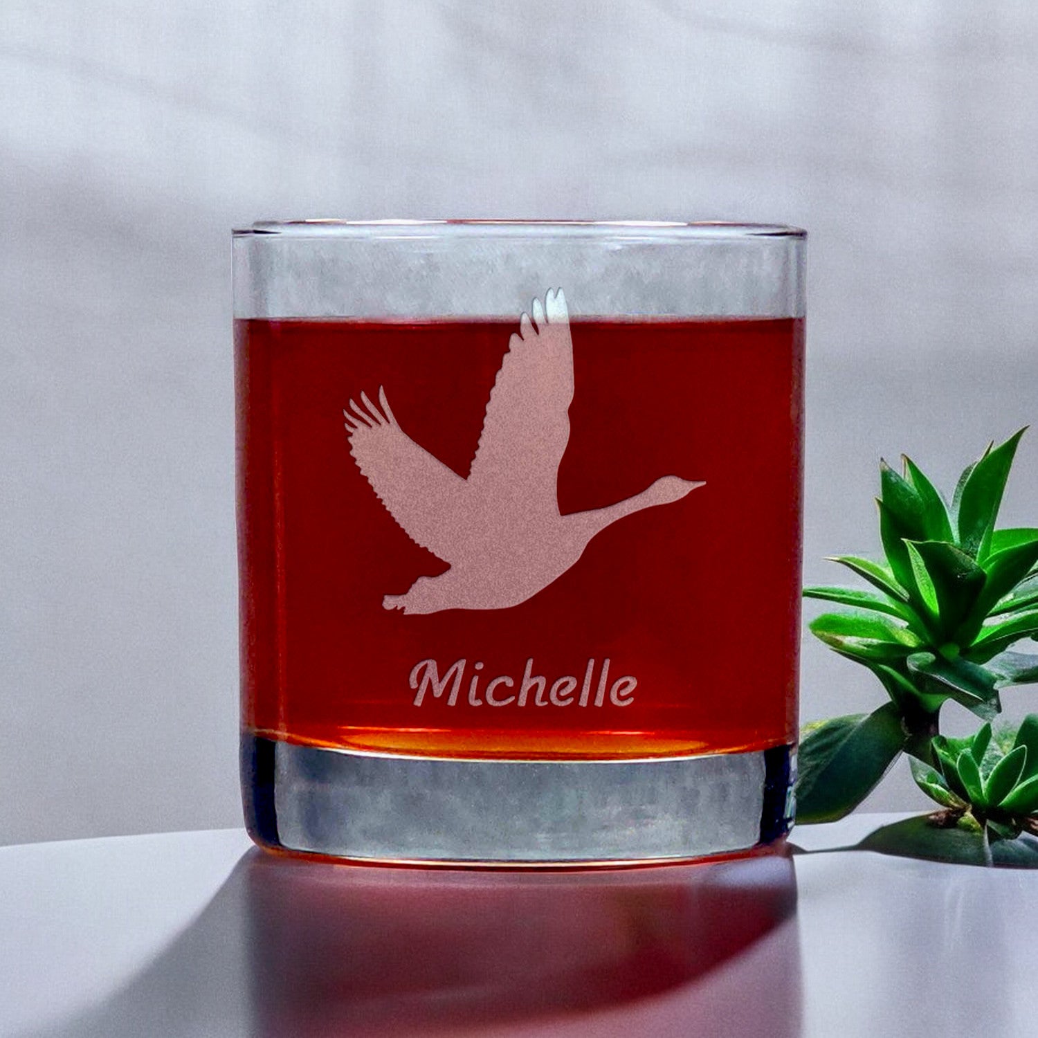 Personalized Flying Duck Whisky Glass - Copyright Hues in Glass