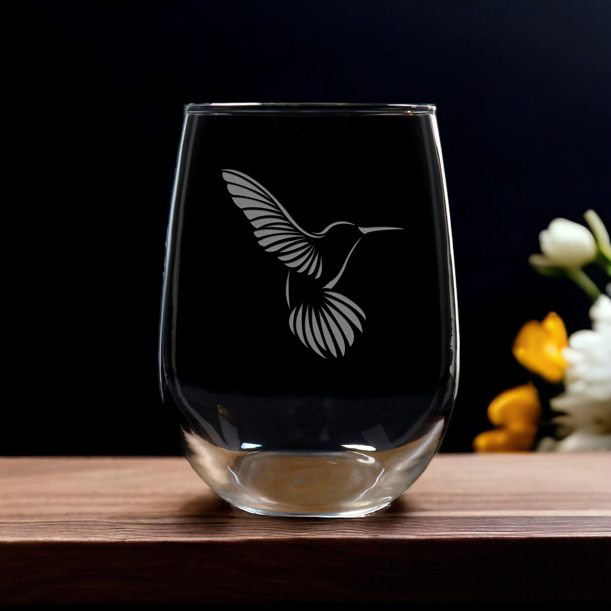 Hummingbird Stemless Wine Glass - Copyright Hues in Glass