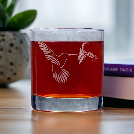 Hummingbird and Flower Whisky Glass - Copyright Hues in Glass