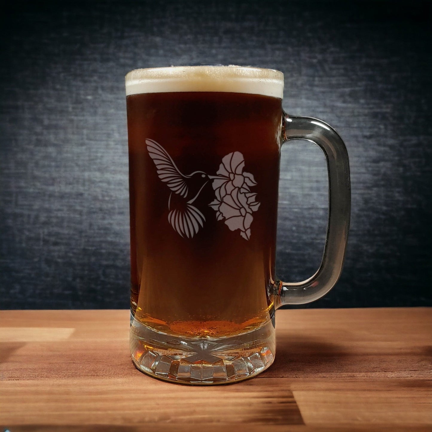 Hummingbird and Hibiscus Beer Mug - Dark Beer - Copyright Hues in Glass