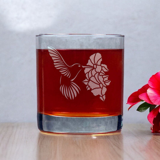 Hummingbird and Hibiscus Whisky Glass - Copyright Hues in Glass