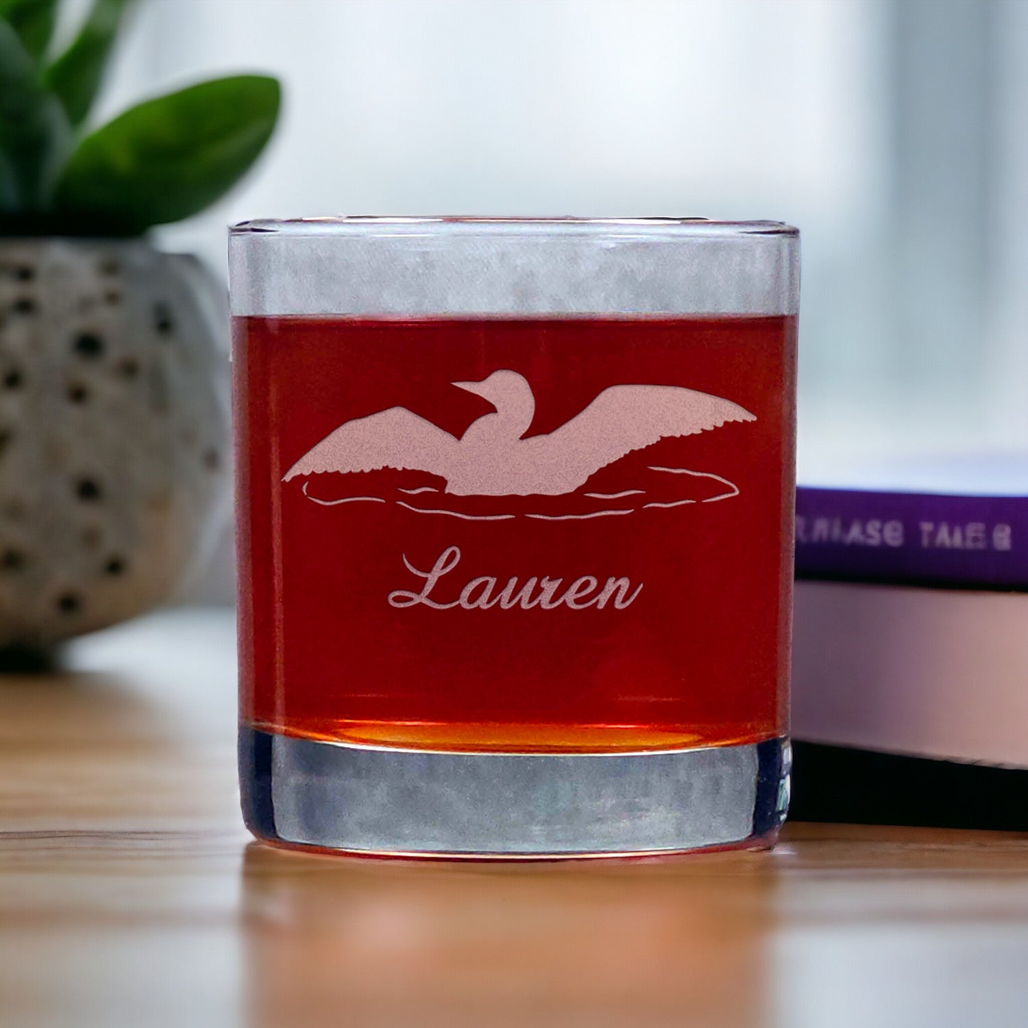 Whisky Glass with Loon Silhouette  with personalization underneath- Copyright Hues in Glass