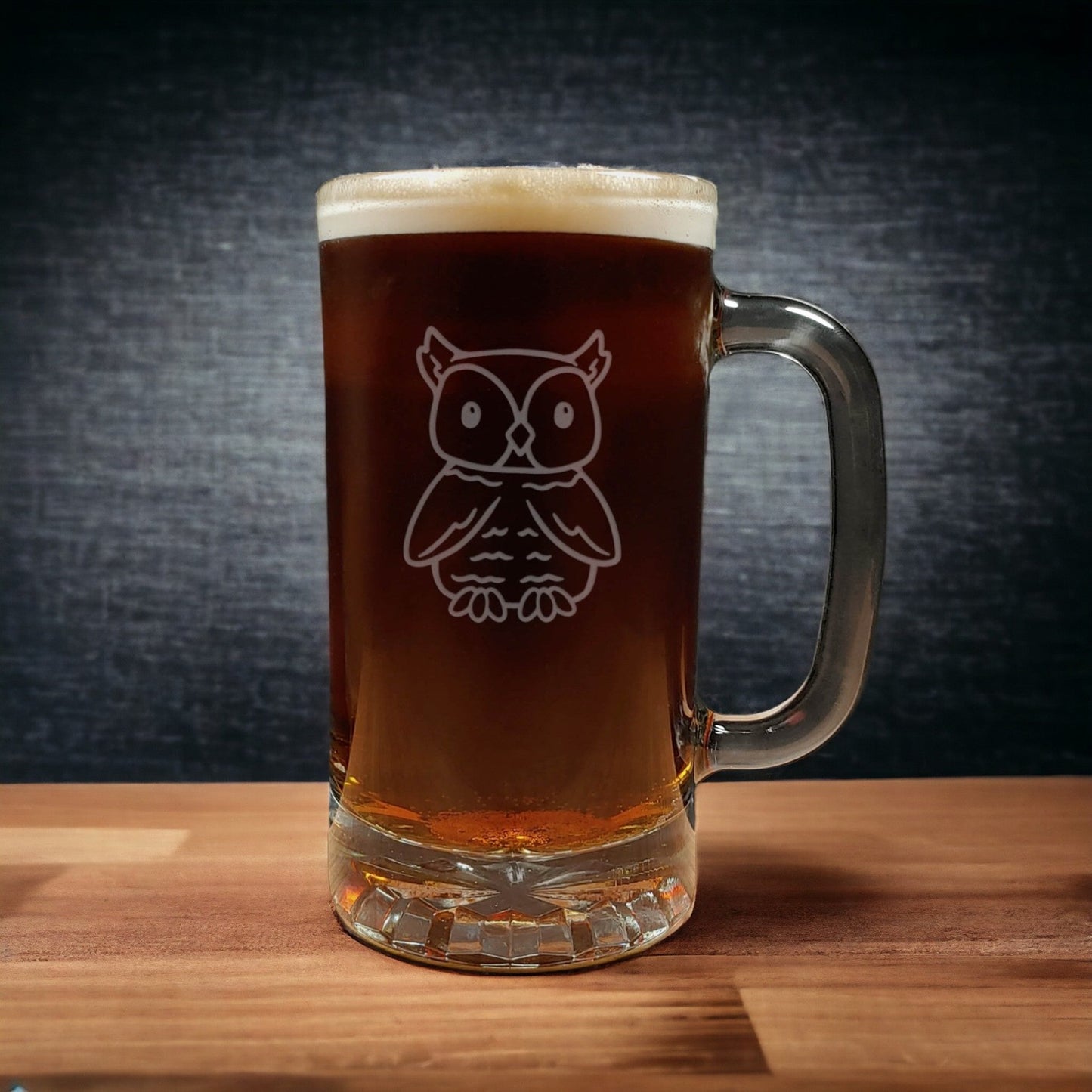 Cute owl design on a 16oz handled Beer Mug containing a Dark Beer - Copyright Hues in Glass