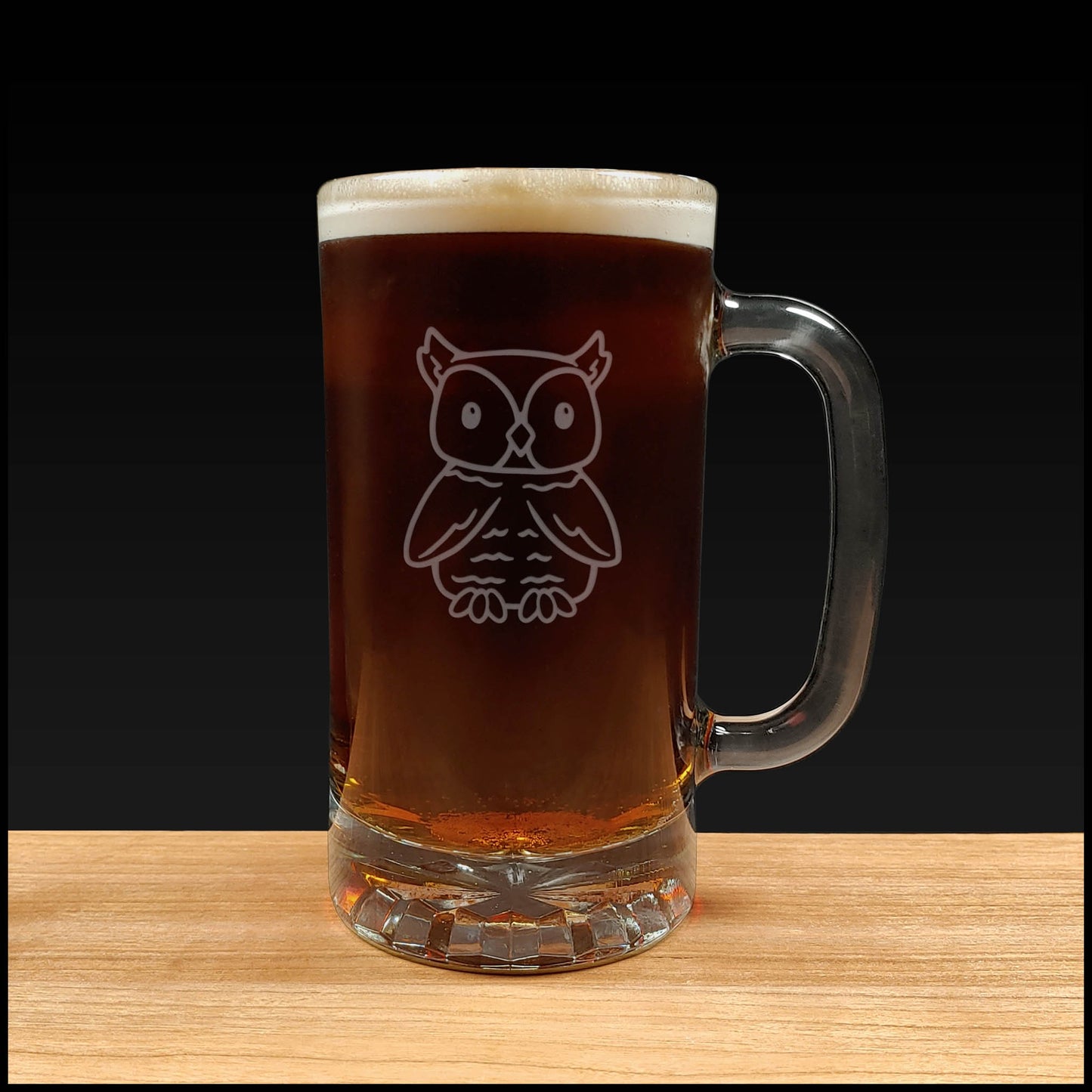 Cute owl design on a 16oz handled Beer Mug containing a Dark Beer - Copyright Hues in Glass