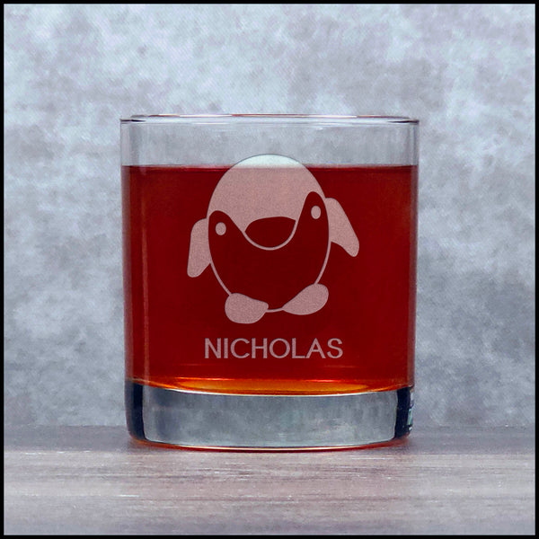 Personalized Cute Penguin 11oz Whisky Glass - Design 1 - Copyright Hues in Glass