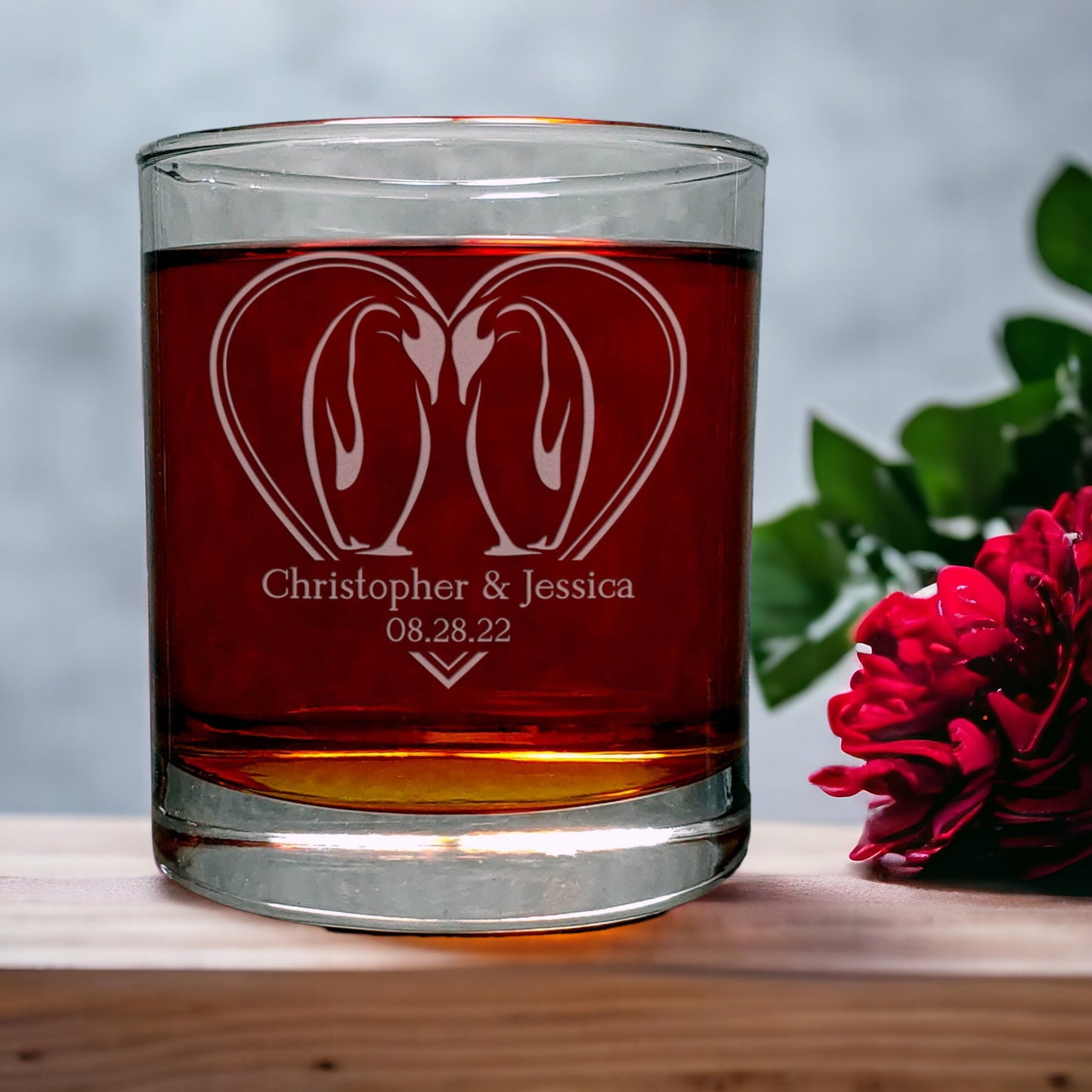 Penguins in Love 11oz Whiskey Glass - Gift for Wedding, Engagement, or Anniversary