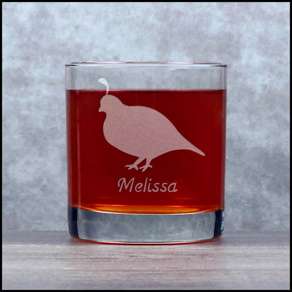 Personalized Quail Silhouette 11oz Whisky Glass - Design 4 - Copyright Hues in Glass