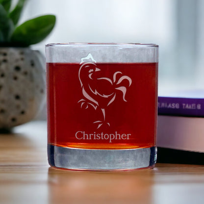 Personalized Rooster 11oz Whisky Glass - Design 2 - Copyright Hues in Glass