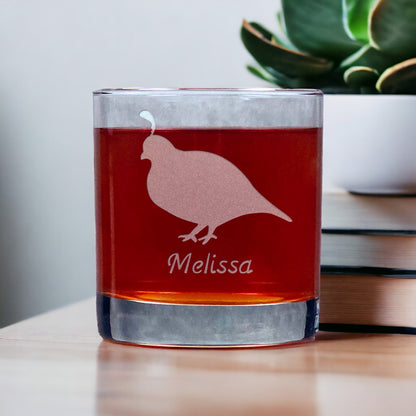 Personalized Quail Silhouette 11oz Whisky Glass - Design 4 - Copyright Hues in Glass