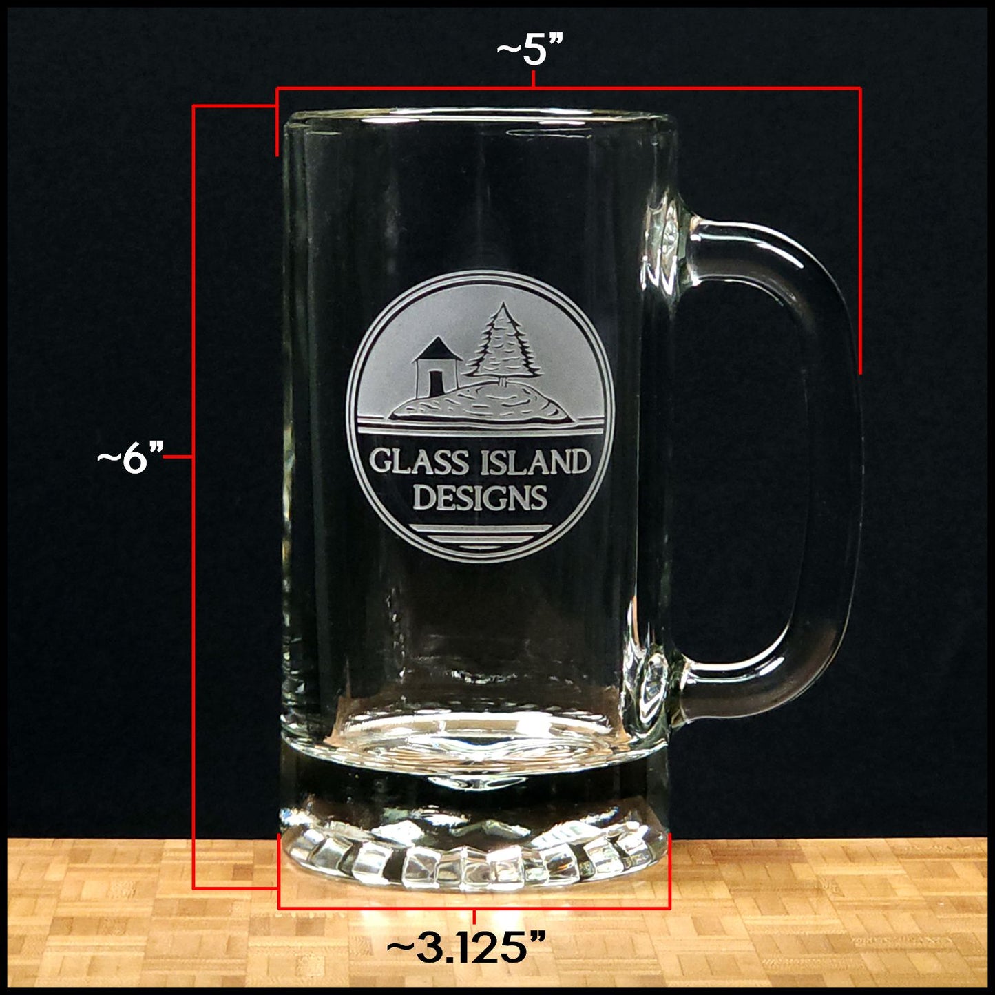 Beer Mug Measurements-3.125 inch diameter, height 6 inches, width of glass from side to end of handle 5 inch 