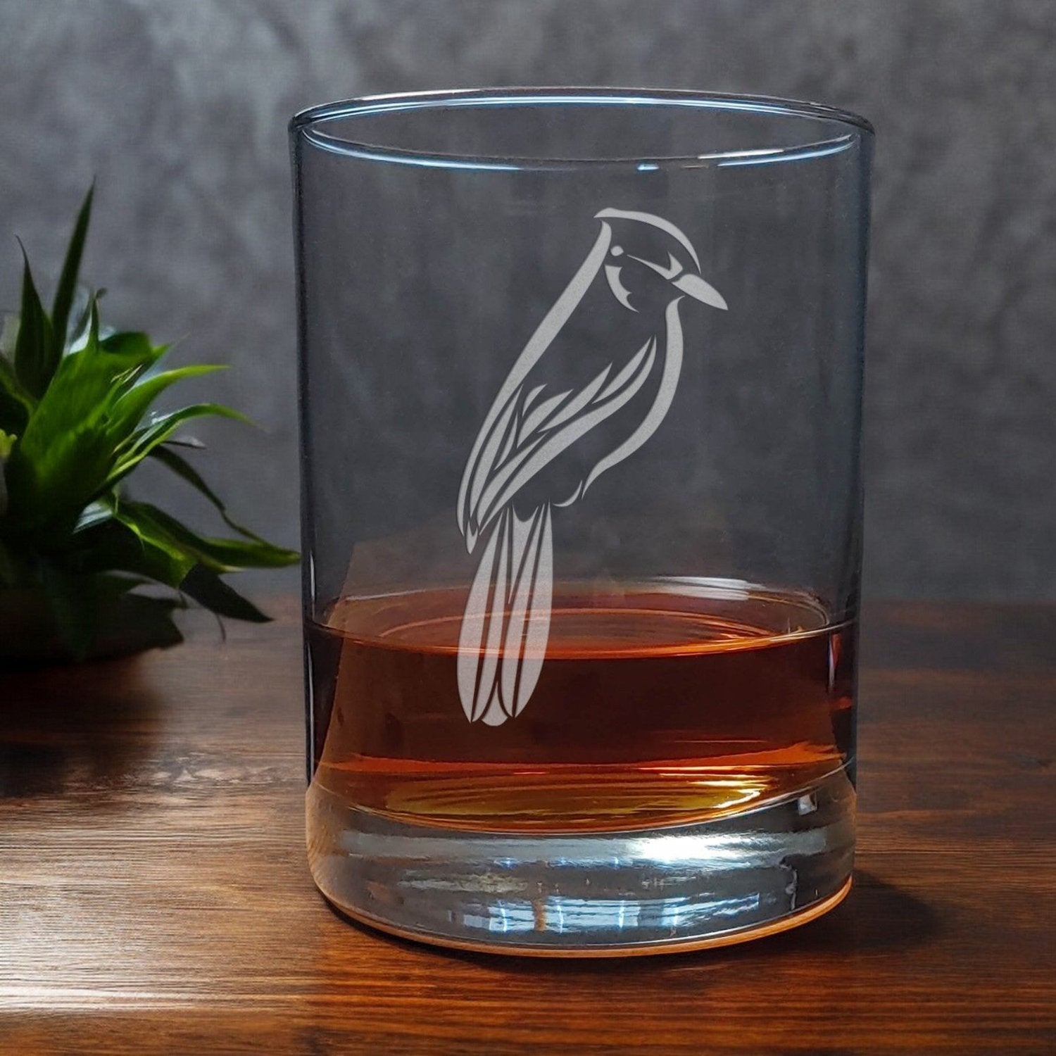 13oz Whisky Glass with an etched image of a Blue Jay - Rocks Glass - Copyright Hues in Glass