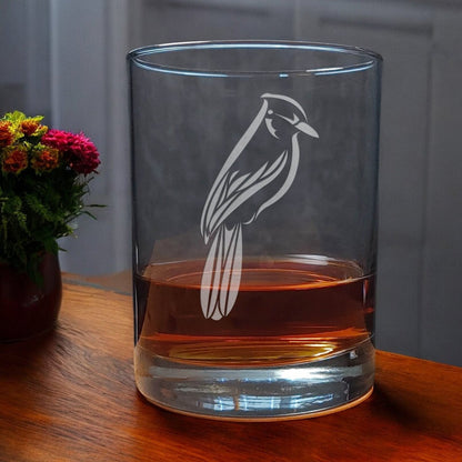 13oz Whisky Glass with an etched image of a Blue Jay - Rocks Glass - Copyright Hues in Glass