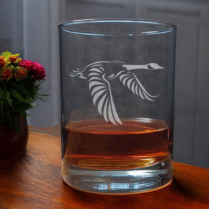 13oz Whisky Glass with an etched image of a Canada goose- Rocks Glass - Copyright Hues in Glass