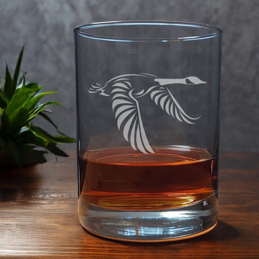 13oz Whisky Glass with an etched image of a Canada goose- Rocks Glass - Copyright Hues in Glass