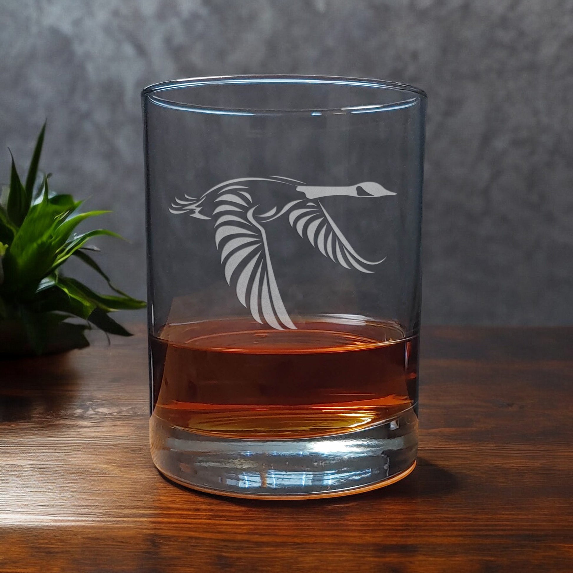 13oz Whisky Glass with an etched image of a Canada goose- Rocks Glass - Copyright Hues in Glass