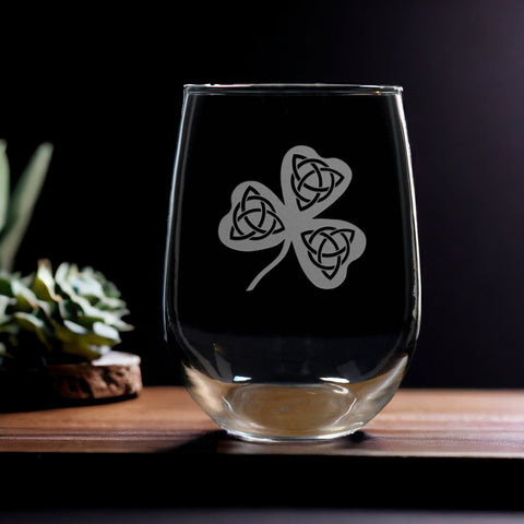 Celtic Shamrock Deeply Engraved 17oz Stemless Wine Glass