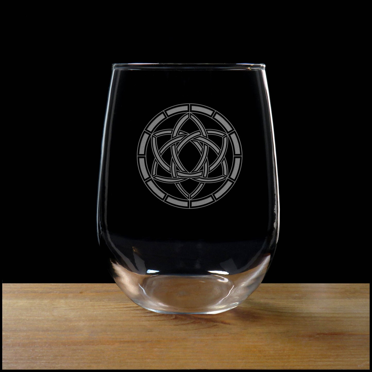 Double Triquetra Celtic Engraved Stemless Wine Glass - Copyright Hues in Glass