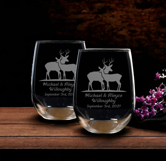 Stag and Doe Stemless Wine Glass - Copyright Hues in Glass