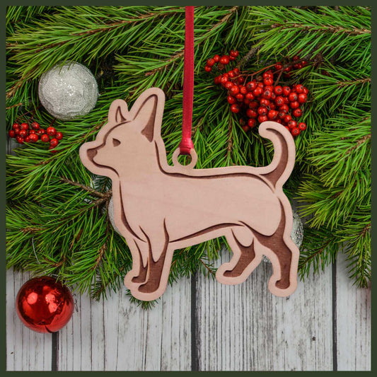 A Chihuahua maple wood veneer ornament, with the dog in profile. 