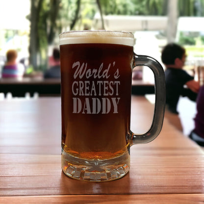 World's Greatest Dad 16oz Beer Glass with Handle - Father's Day Gift - Deeply Etched Beer Mug