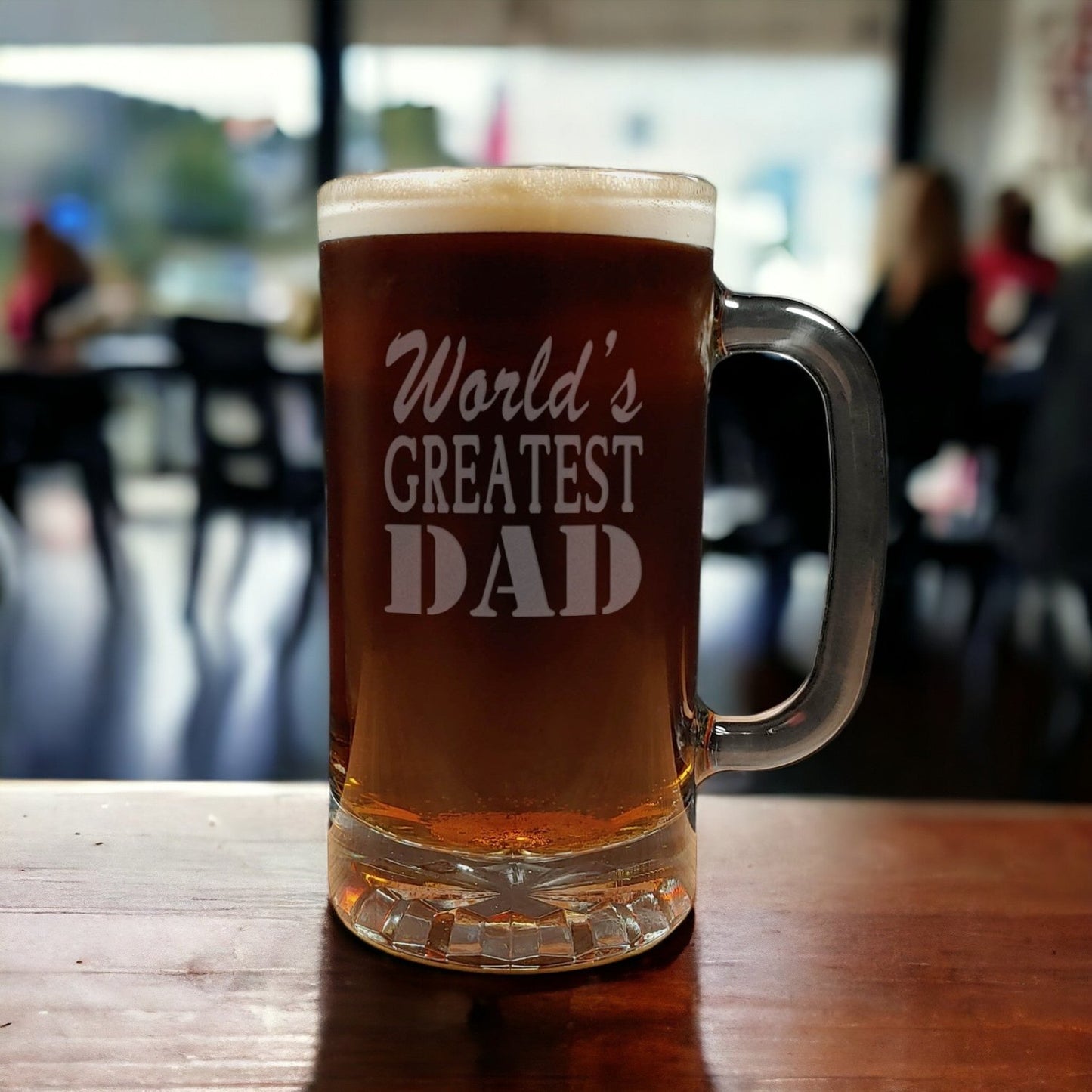 World's Greatest Dad 16oz Beer Glass with Handle - Father's Day Gift - Deeply Etched Beer Mug