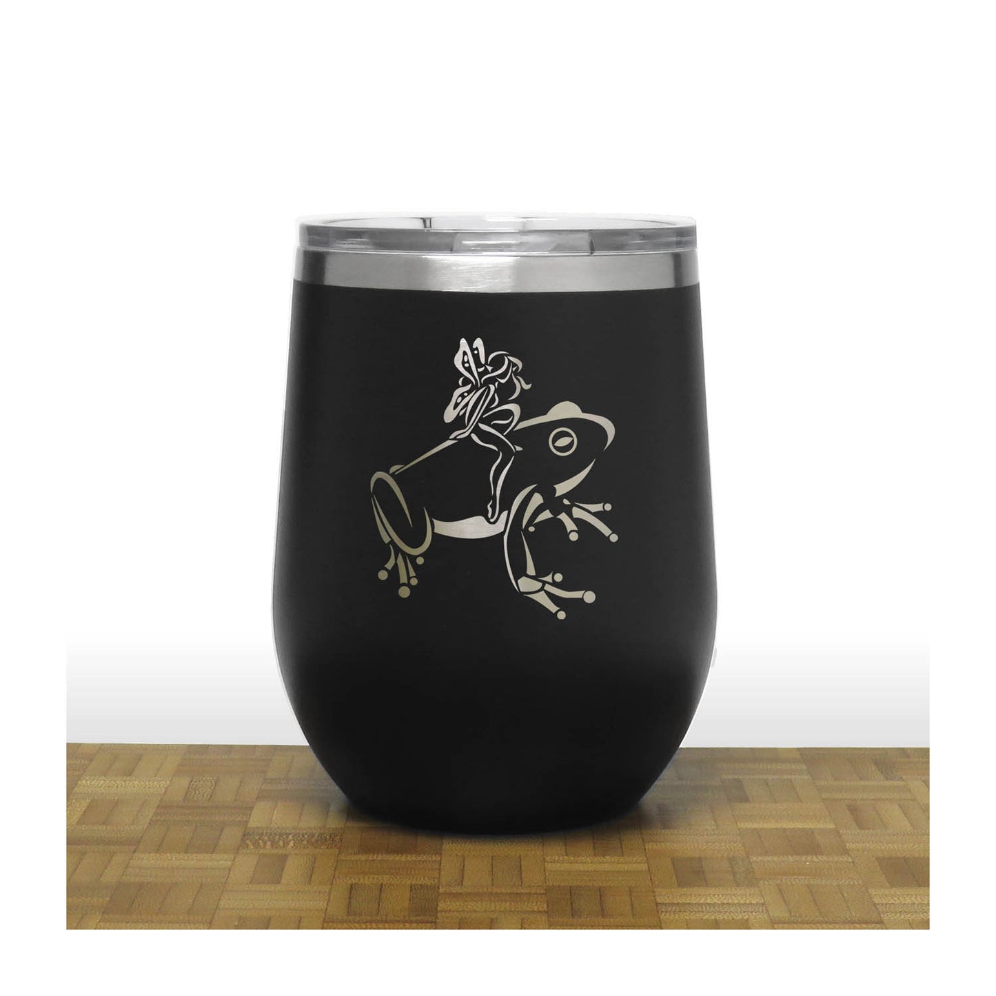 Black - Fairy riding on a Frog - 20 oz Insulated Tumbler - Copyright Hues in Glass