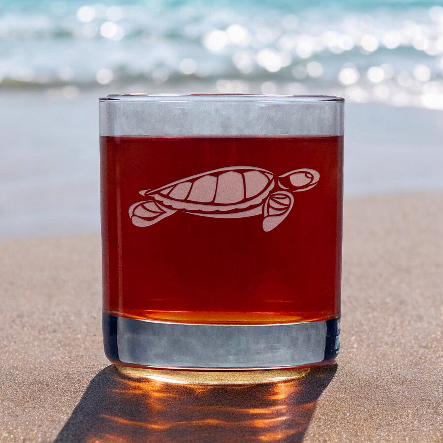 Sea Turtle Whisky Personalized Glass - Design 2 - Copyright Hues in Glass
