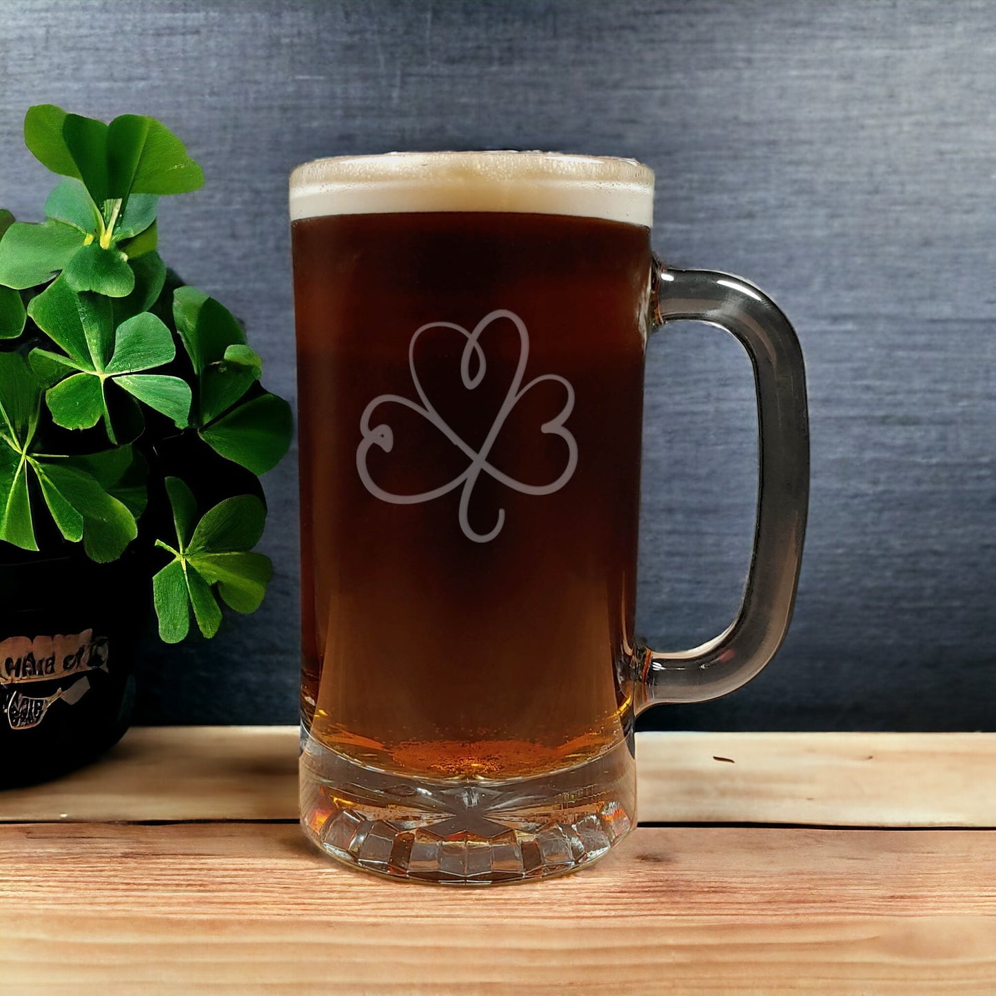 Beer Mug with Irish Shamrock Design  4 - copyright Hues in Glass