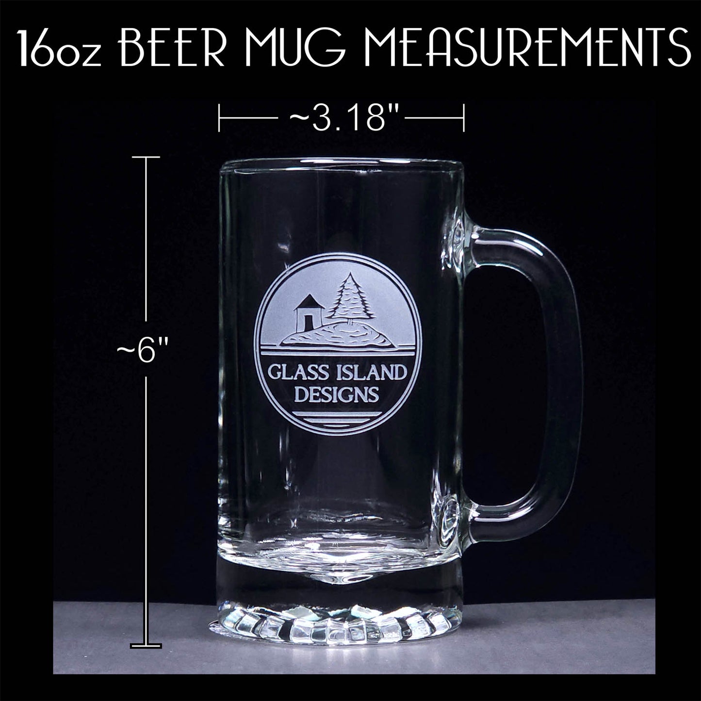 Beer Mug Measurements - approximate 3.125 inch diameter, 6 inches height, 5 inch width of glass from side to end of handle