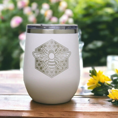 White - Bee 12 oz Insulated Wine Tumbler - Copyright Hues in Glass