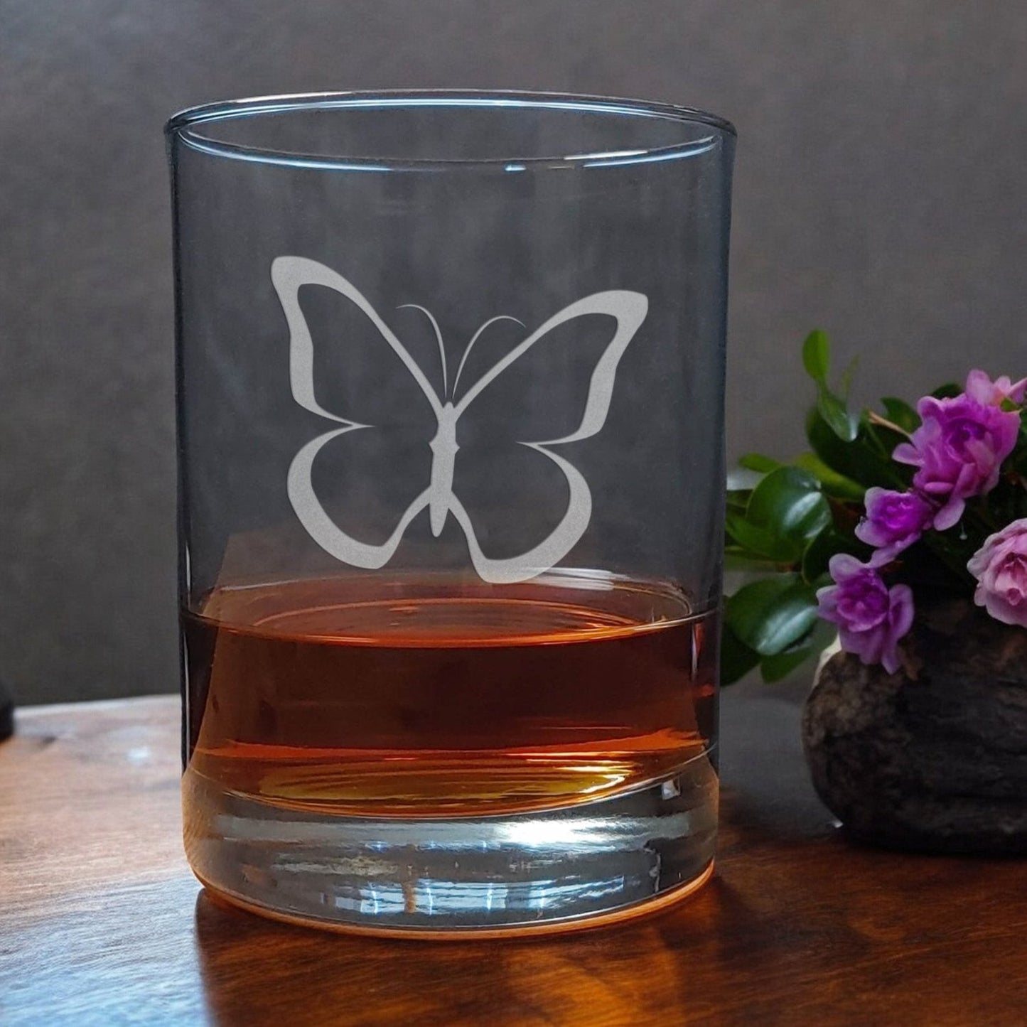 13oz whiskey glass  with an image shaped outline of a butterfly  - copyright Hues in Glass