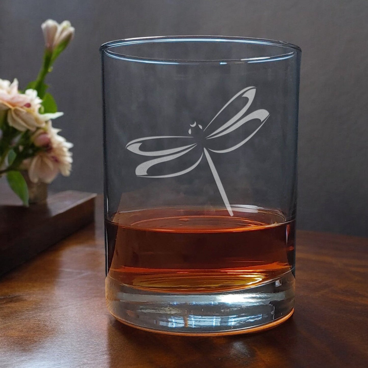 13oz Whiskey Glass with a sandblasted image of a dragonfly- copyright Hues in Glass