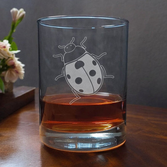 13oz Whisky Glass with a etched  Ladybug  design - Copyright Hues in Glass