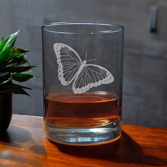 Butterfly Engraved 13oz Whiskey Glass - Design 4 -  Insect Deeply Etched Rocks Glass