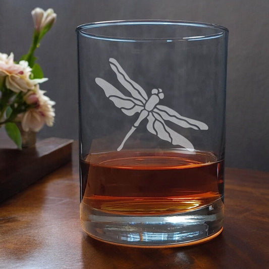 13oz Whiskey Glass with a sandblasted image of a dragonfly- copyright Hues in Glass