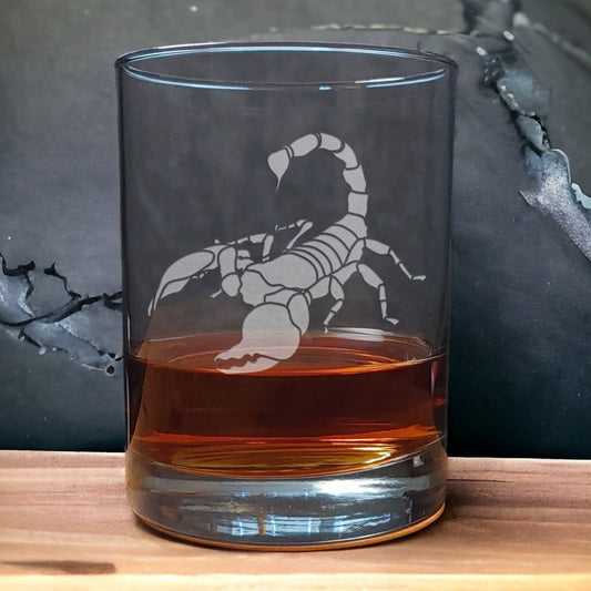 13oz Whisky Glass with a Scorpion  Design etched on to it - Copyright Hues in Glass