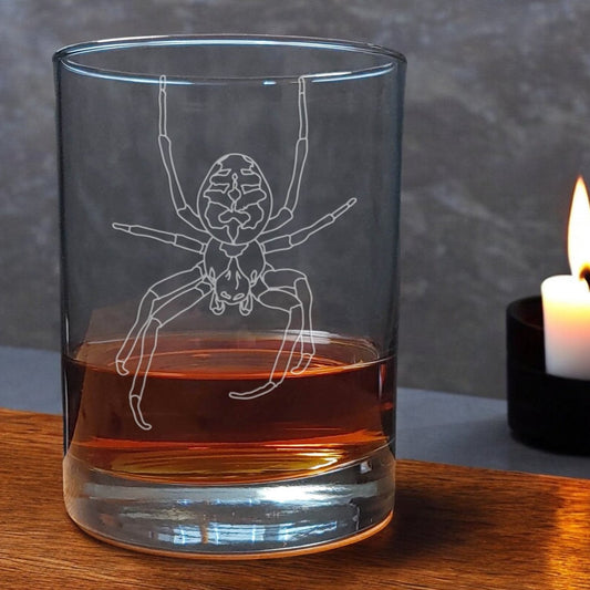 13oz Whisky Glass with a etched design of a Spider - Copyright Hues in Glass