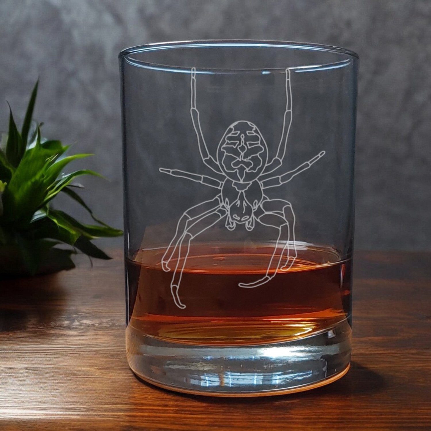 13oz Whisky Glass with a etched design of a Spider - Copyright Hues in Glass