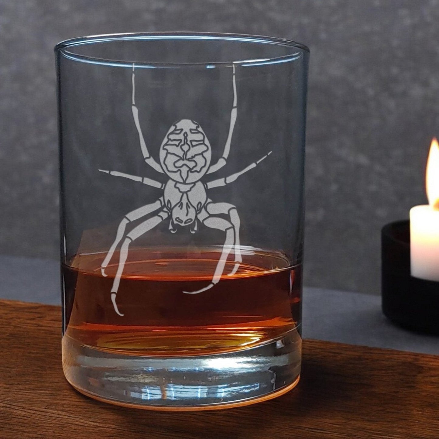 13oz Whisky Glass with a etched design of a Spider - Copyright Hues in Glass