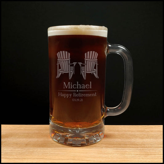 16oz Beer Mug with a design of Adirondack Chairs- Dark Beer - Copyright Hues in Glass