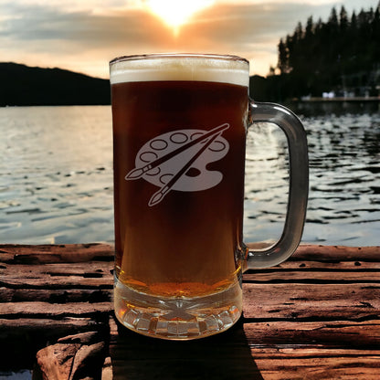 16oz Beer Mug with a design of Artist's Palette- Dark Beer - Copyright Hues in Glass