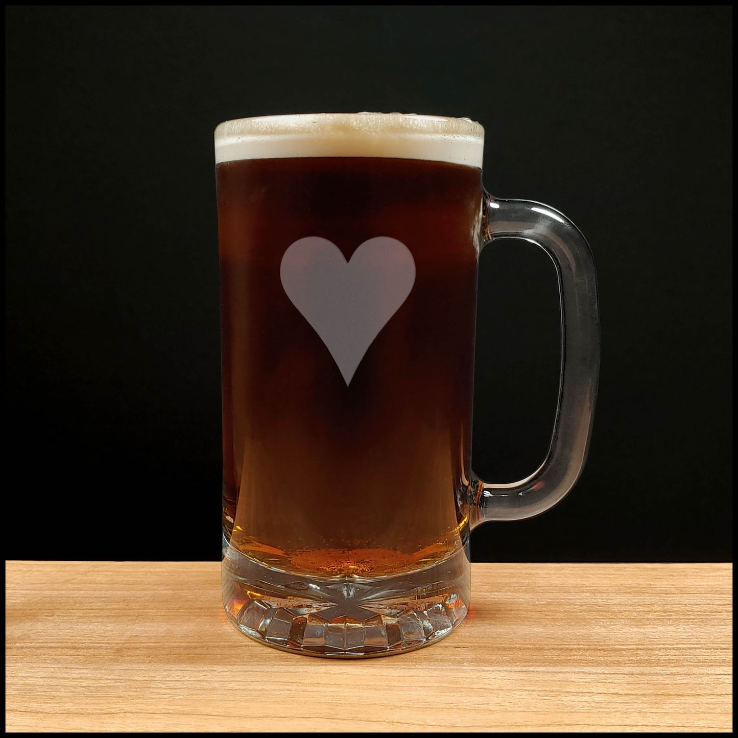 Hearts 16oz Beer Glass with Handle - Card Suit Deeply Etched Beer Mug