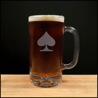 Spades 16oz Beer Glass with Handle - Card Suit Deeply Etched Beer Mug