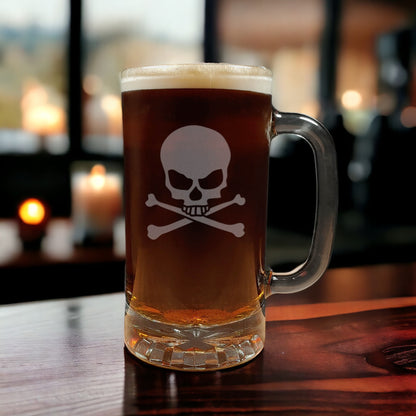 Skull and Crossbones 16oz Engraved Beer Mug - Skull Beer Pint Glass - Personalized Gift