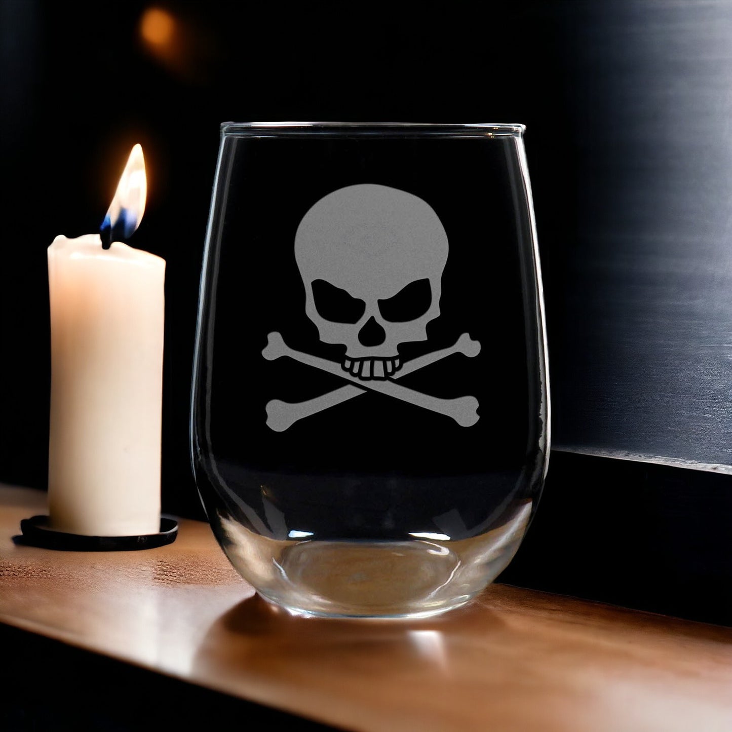 Skull and Crossbones 17oz Stemless Wine Glass - Personalized Gift