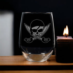 Pirate Skull and Crossed Swords 17oz Stemless Wine Glass - Personalized Gift