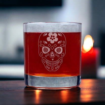 Sugar Skull Engraved 11oz  Whiskey Glass - Deeply Etched Rocks Glass