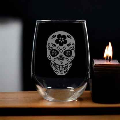 Sugar Skull 17oz Stemless Wine Glass - Female Sugar Skull Personalized Gift